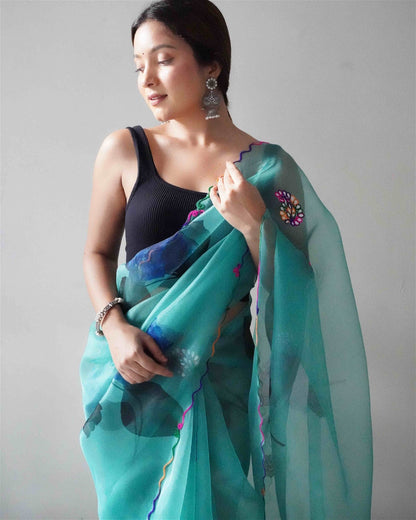 Sky Blue Colour Organza Digital Print With Gota Patti Work Saree For Women's