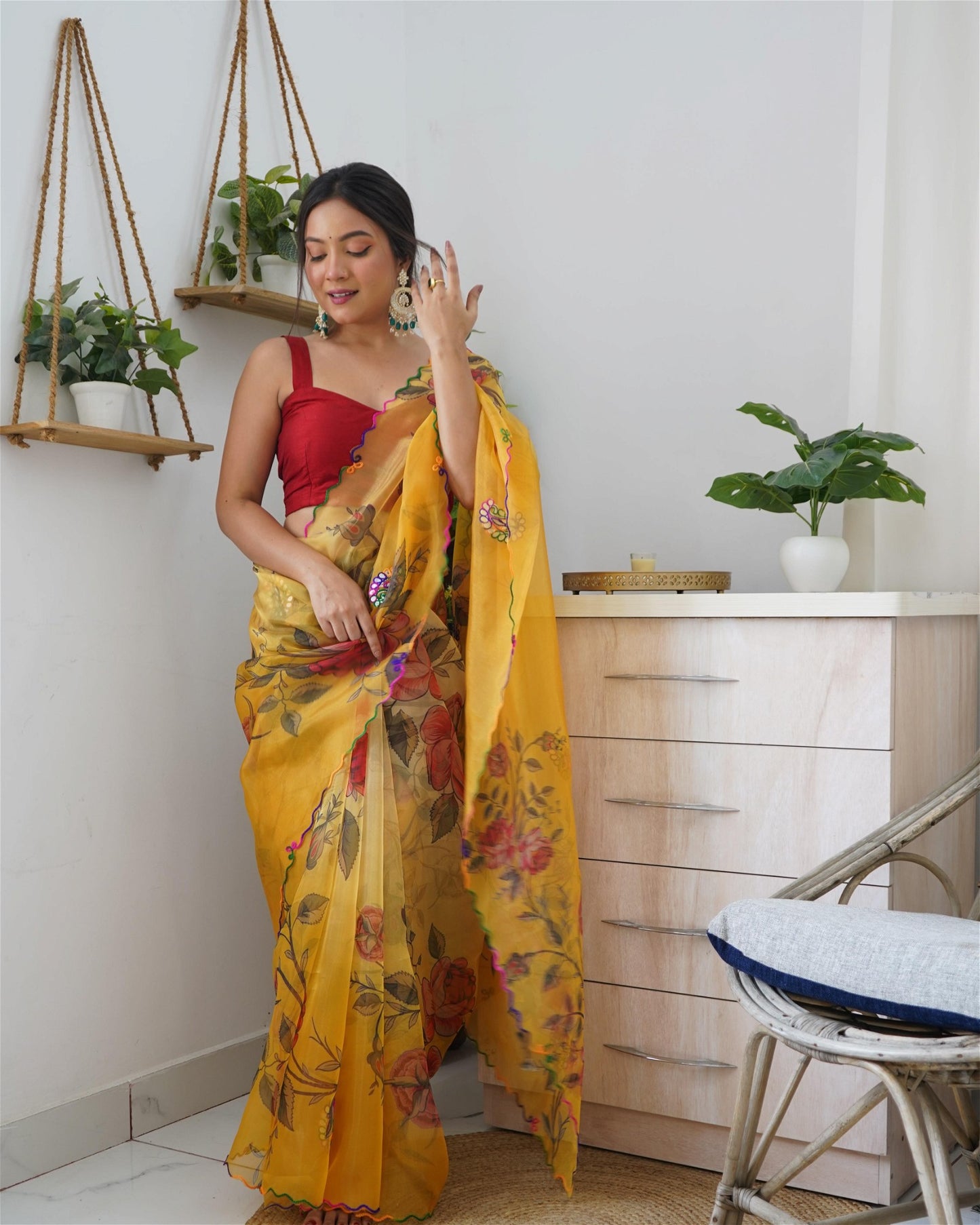 Yellow Colour Organza Digital Print With Gota Patti Work Saree For Women's