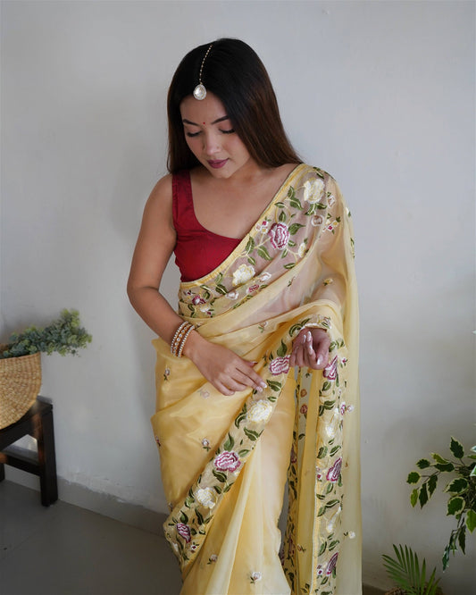 Yellow Colour Organza Embroidery Work Saree For Women's