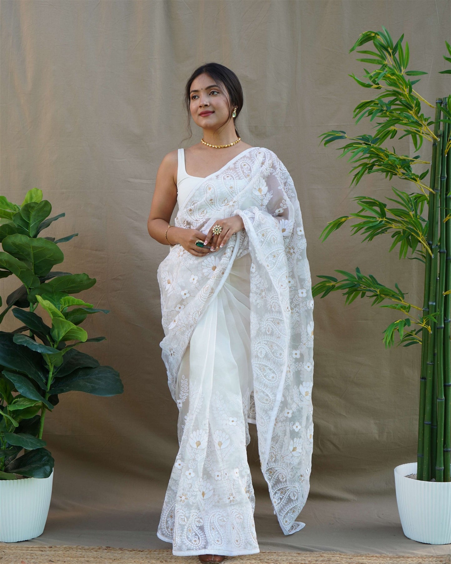 White Colour Organza Embroidery And Lace Work Saree For Women's