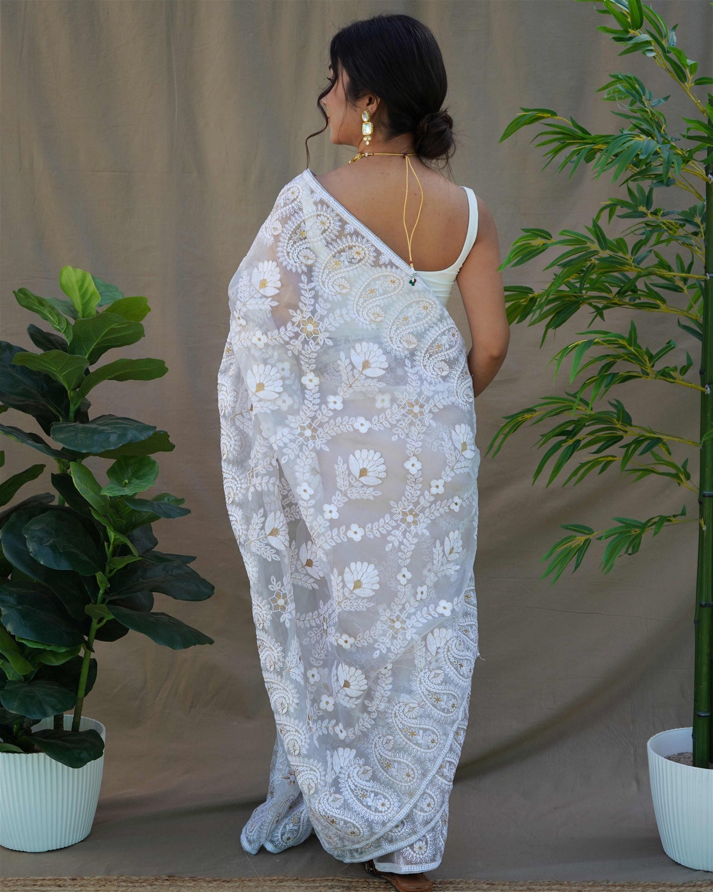 White Colour Organza Embroidery And Lace Work Saree For Women's