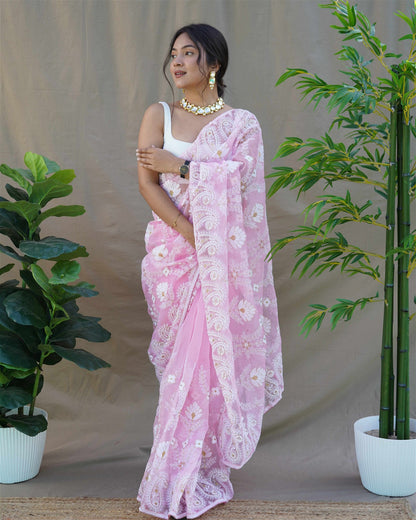 Pink Colour Organza Embroidery And Lace Work Saree For Women's