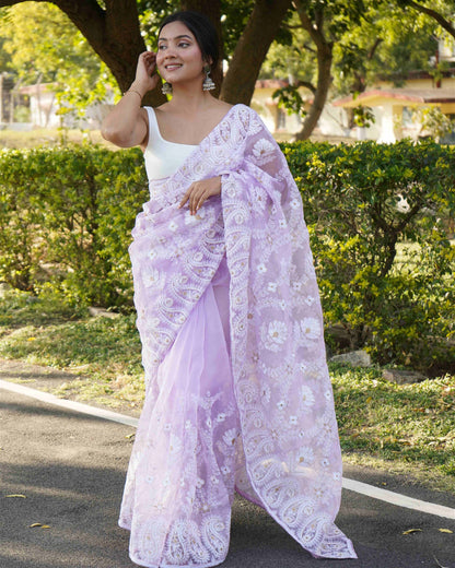 Purple Colour Organza Embroidery And Lace Work Saree For Women's