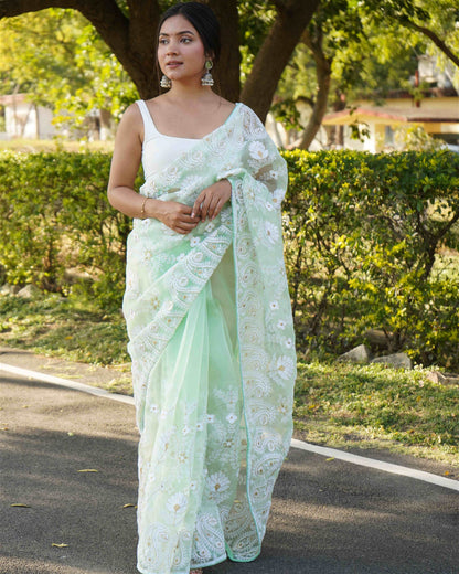 Green Colour Organza Embroidery And Lace Work Saree For Women's