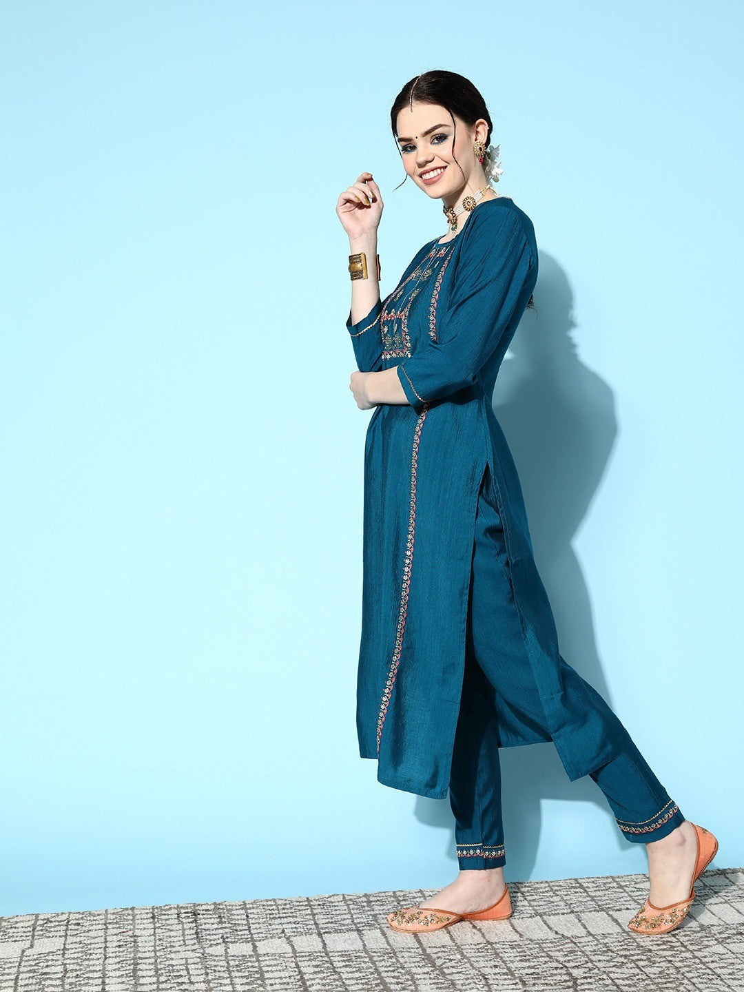 Petrol Party Wear Embroidery Worked Kurta With Pant And Duppata Set