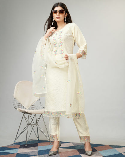 Off White Party Wear Embroidery Worked Kurta With Pant And Duppata Set