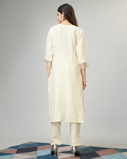 Off White Party Wear Embroidery Worked Kurta With Pant And Duppata Set