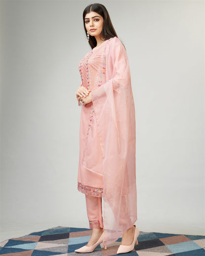 Peach Party Wear Embroidery Worked Kurta With Pant And Duppata Set