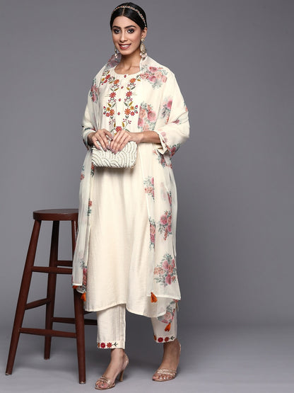 Off White Party Wear Embroidery Worked Kurta With Pant And Duppata Set