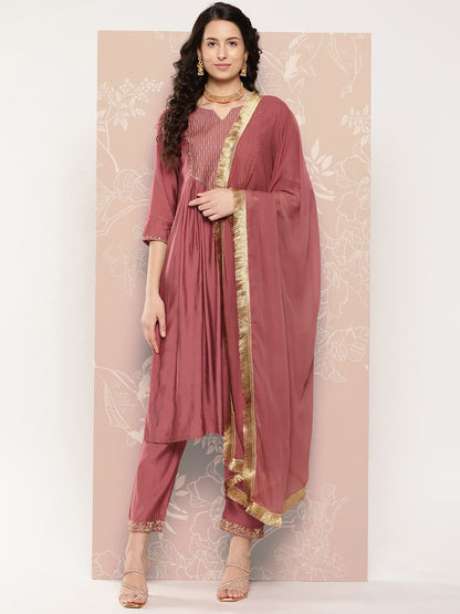 Peach Party Wear Embroidery Worked Kurta With Pant And Duppata Set