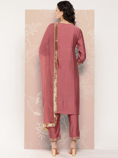 Peach Party Wear Embroidery Worked Kurta With Pant And Duppata Set