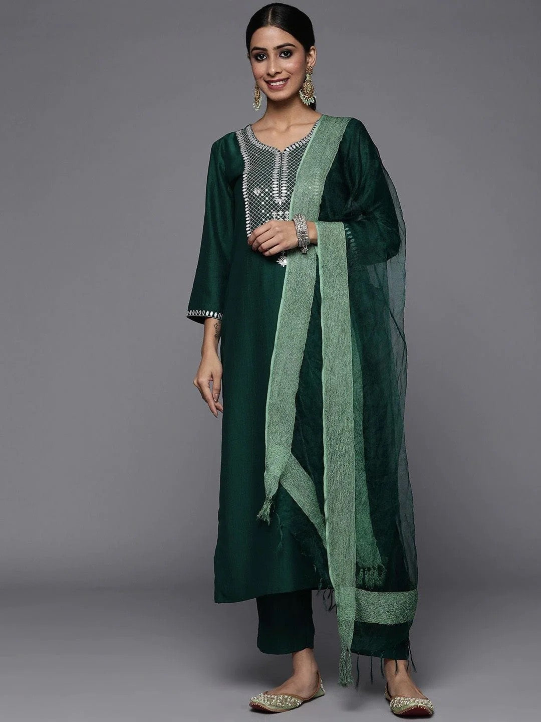 Green Party Wear Embroidery Worked Kurta With Pant And Duppata Set