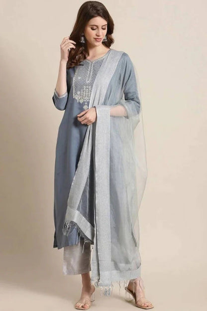 Grey Party Wear Embroidery Worked Kurta With Pant And Duppata Set