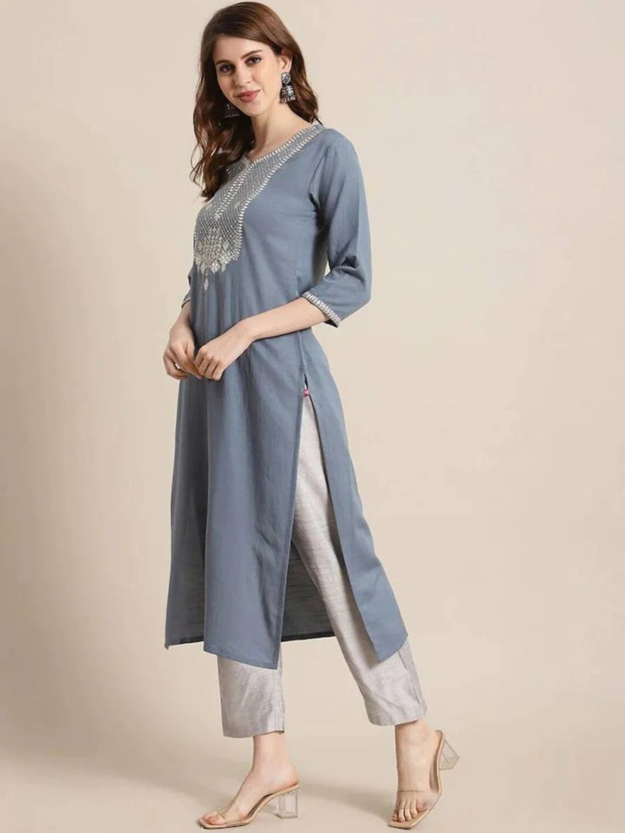 Grey Party Wear Embroidery Worked Kurta With Pant And Duppata Set