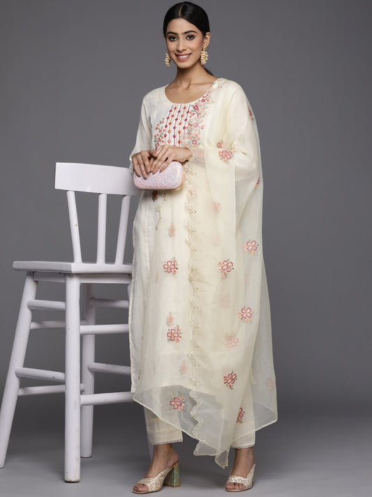 Off White Party Wear Embroidery Worked Kurta With Pant And Duppata Set