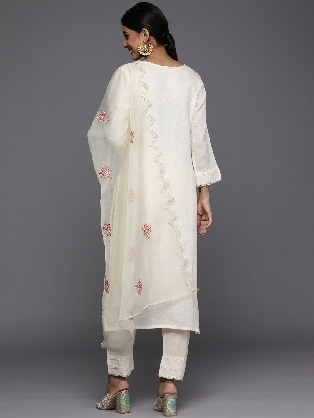 Off White Party Wear Embroidery Worked Kurta With Pant And Duppata Set