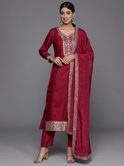 Marron Party Wear Embroidery Worked Kurta With Pant And Duppata Set