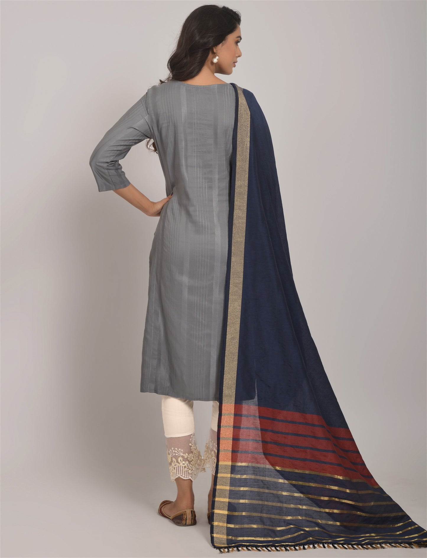 Grey Party Wear Embroidery Worked Kurta With Pant And Duppata Set