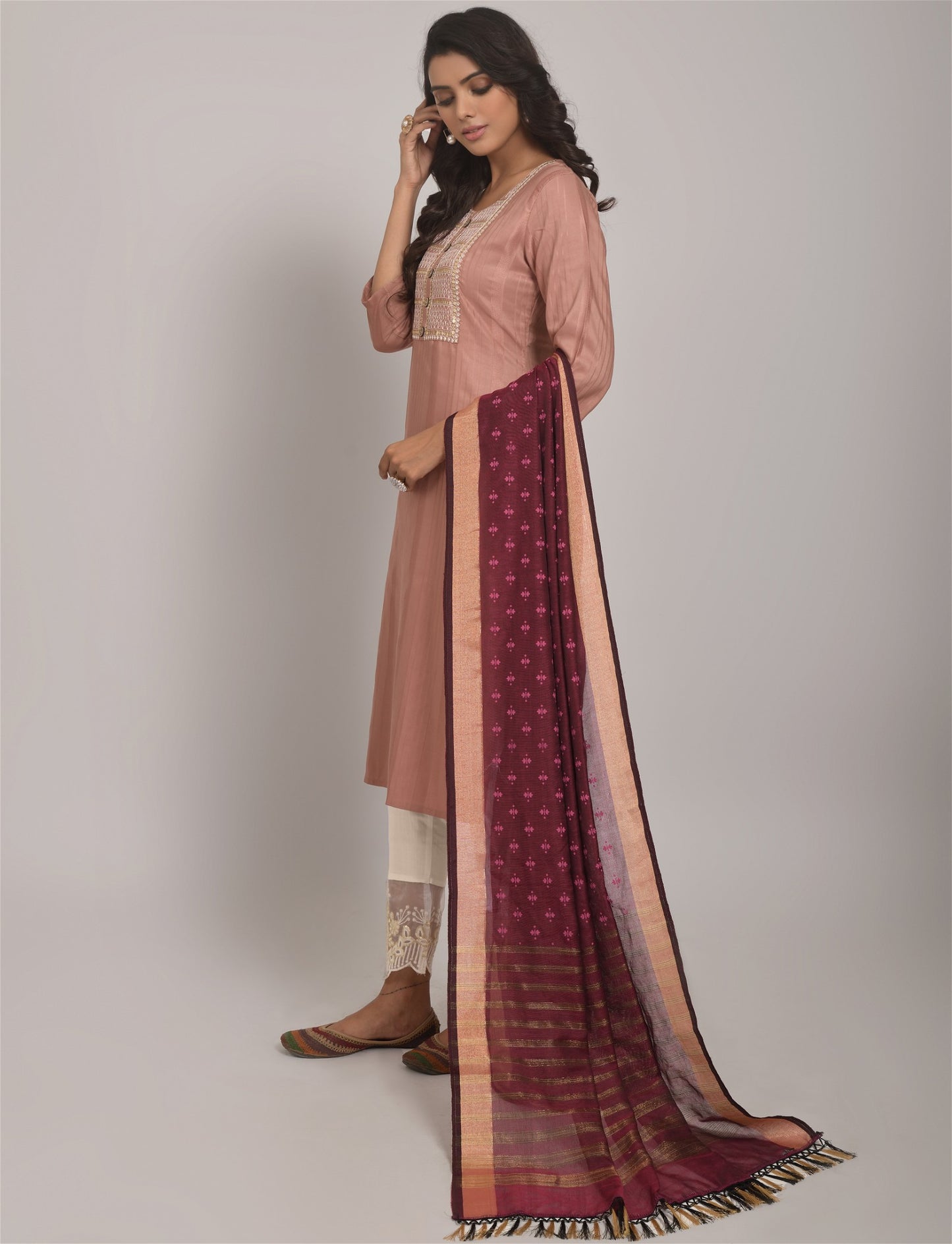 Peach Party Wear Embroidery Worked Kurta With Pant And Duppata Set