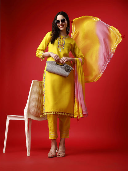 Yellow Party Wear Embroidery Worked Kurta With Pant And Duppata Set