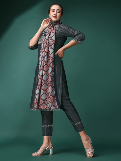 Grey Party Wear Embroidery Worked Kurta With Pant And Duppata Set