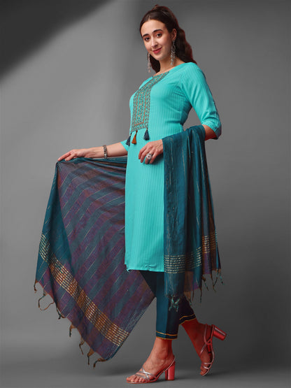 Sky Blue Party Wear Embroidery Worked Kurta With Pant And Duppata Set