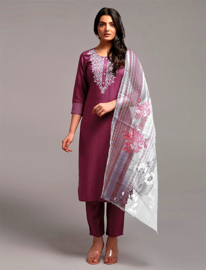 Wine Party Wear Embroidery Worked Kurta With Pant And Duppata Set