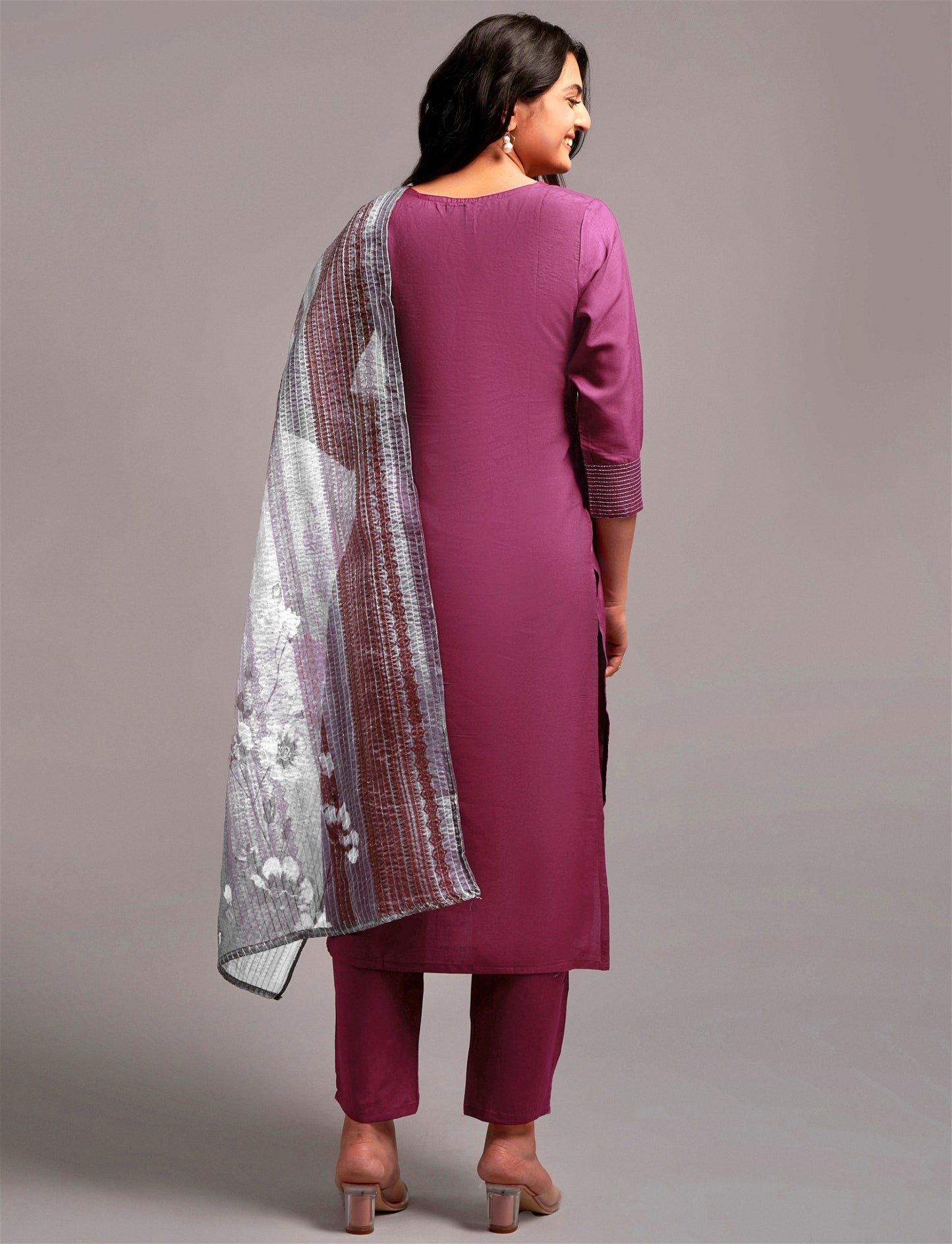 Wine Party Wear Embroidery Worked Kurta With Pant And Duppata Set