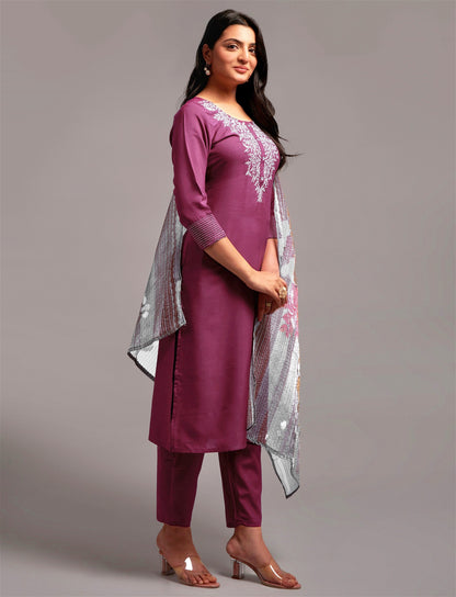 Wine Party Wear Embroidery Worked Kurta With Pant And Duppata Set