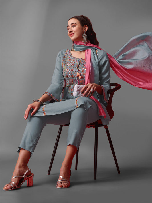 Grey Party Wear Embroidery Worked Kurta With Pant And Duppata Set