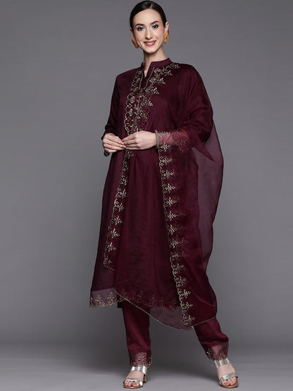 Wine Party Wear Embroidery Worked Kurta With Pant And Duppata Set