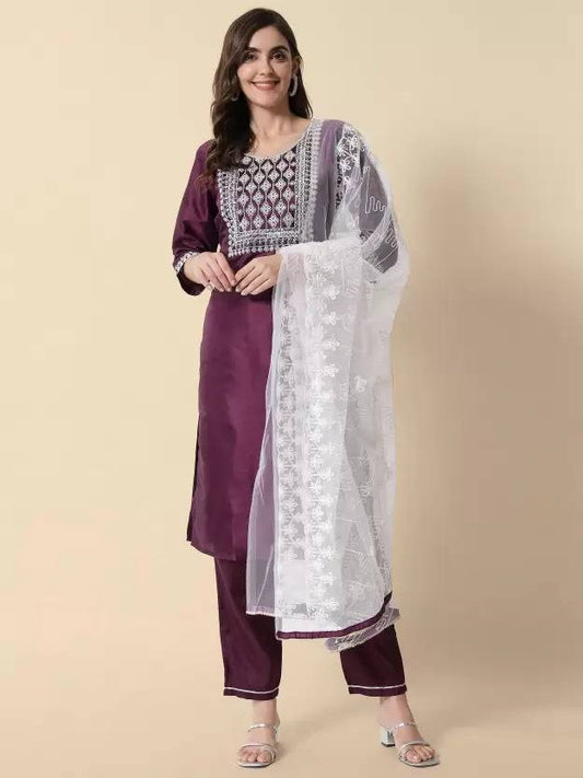 Wine Party Wear Embroidery Worked Kurta With Pant And Duppata Set