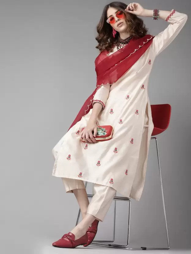 White Party Wear Embroidery Worked Kurta With Pant And Duppata Set