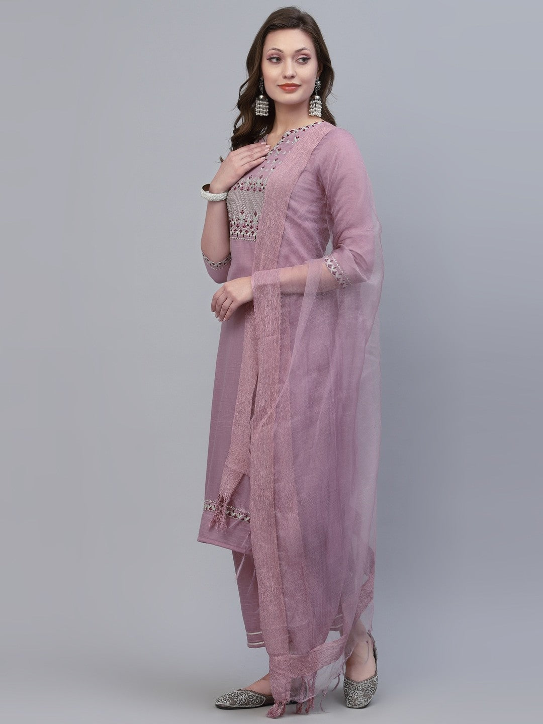 Onion Party Wear Embroidery Worked Kurta With Pant And Duppata Set