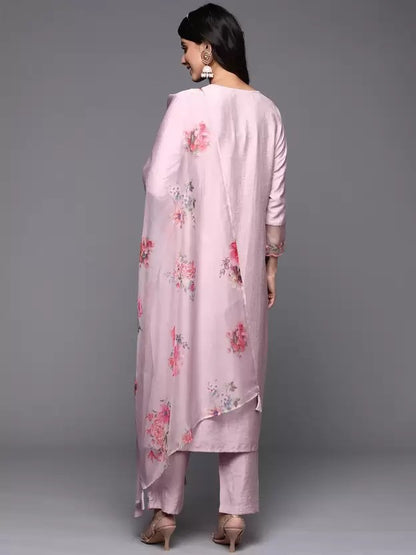 Pink Party Wear Embroidery Worked Kurta With Pant And Duppata Set