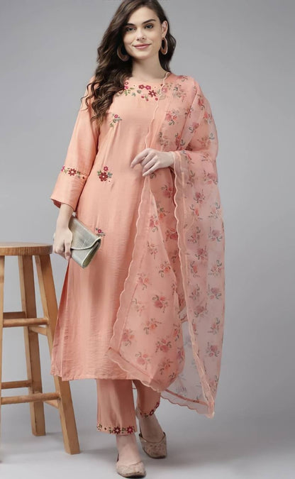 Peach Party Wear Embroidery Worked Kurta With Pant And Duppata Set