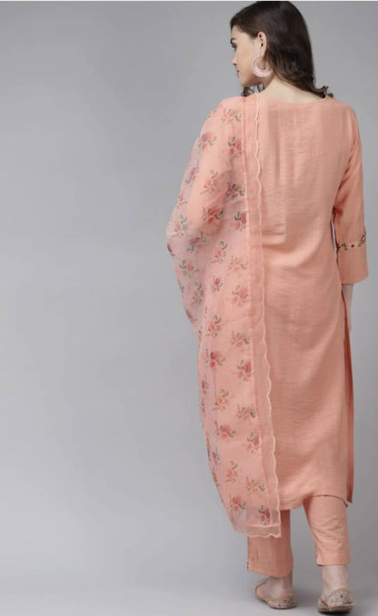 Peach Party Wear Embroidery Worked Kurta With Pant And Duppata Set