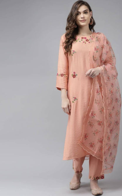 Peach Party Wear Embroidery Worked Kurta With Pant And Duppata Set