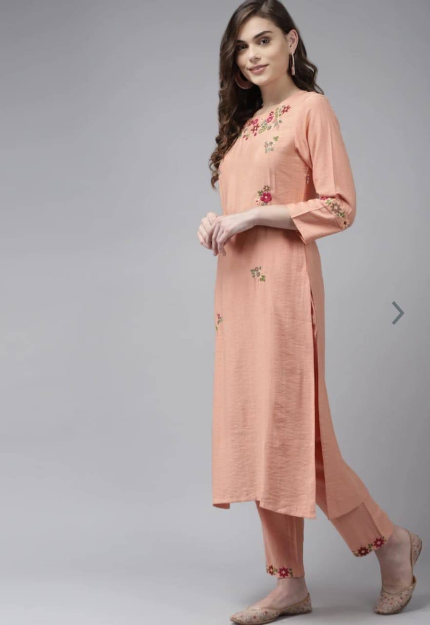 Peach Party Wear Embroidery Worked Kurta With Pant And Duppata Set