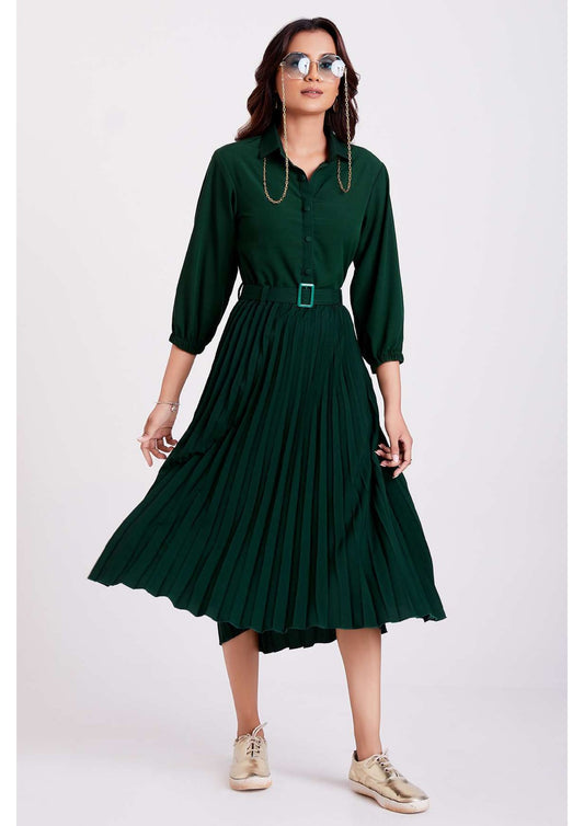 Green Pan Collar Pleated Western Wear dress for women