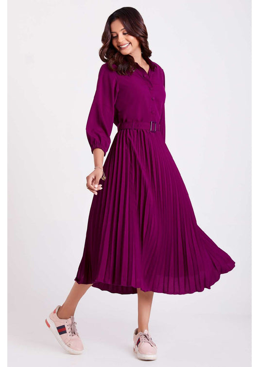 Purple Pan Collar Pleated Western Wear dress for women