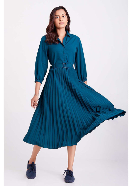 Teal Blue Colour Pleated Western Wear Drees For Women