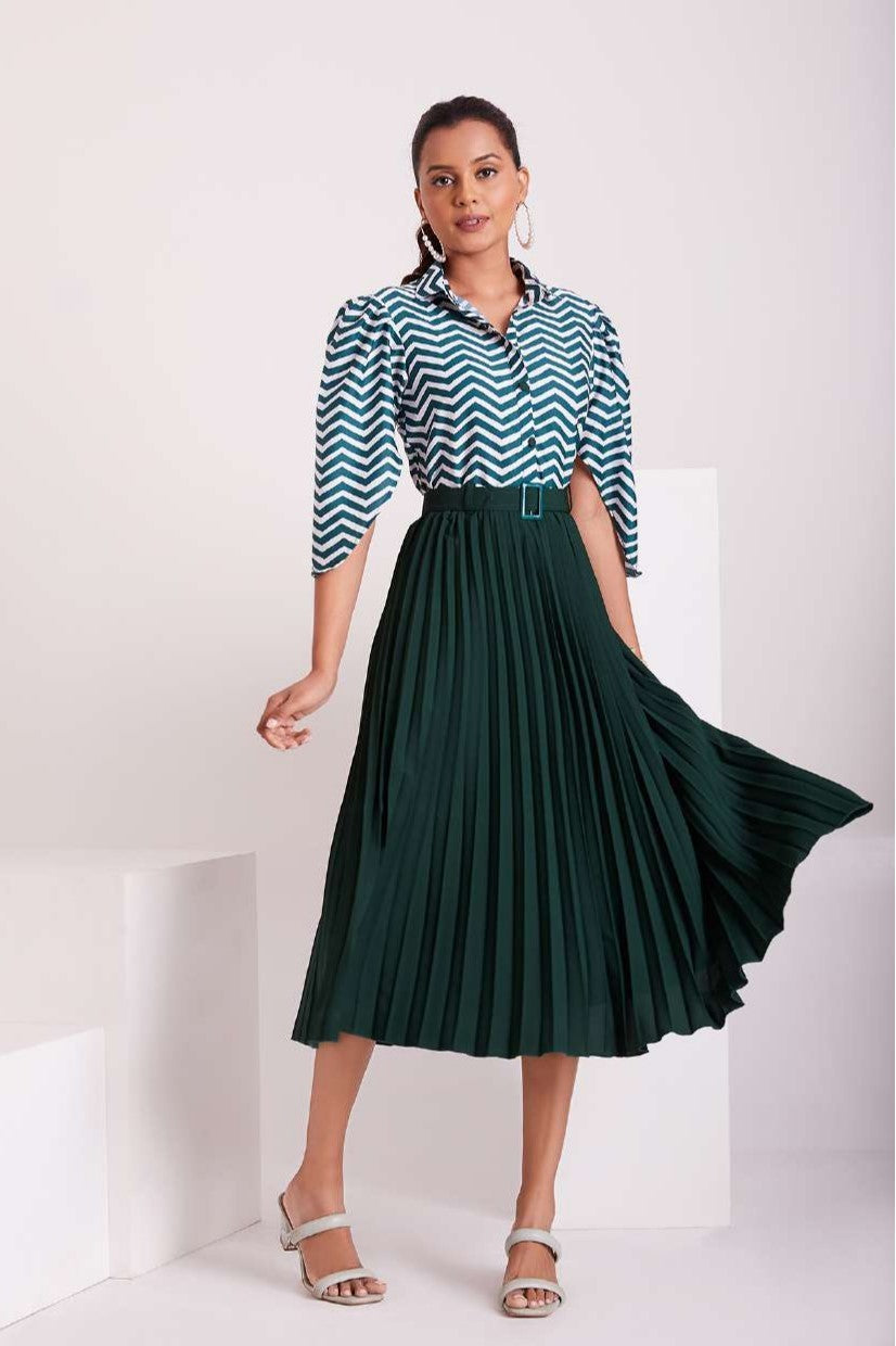 Green and White Pleated Western Wear Stylish Dress For Women