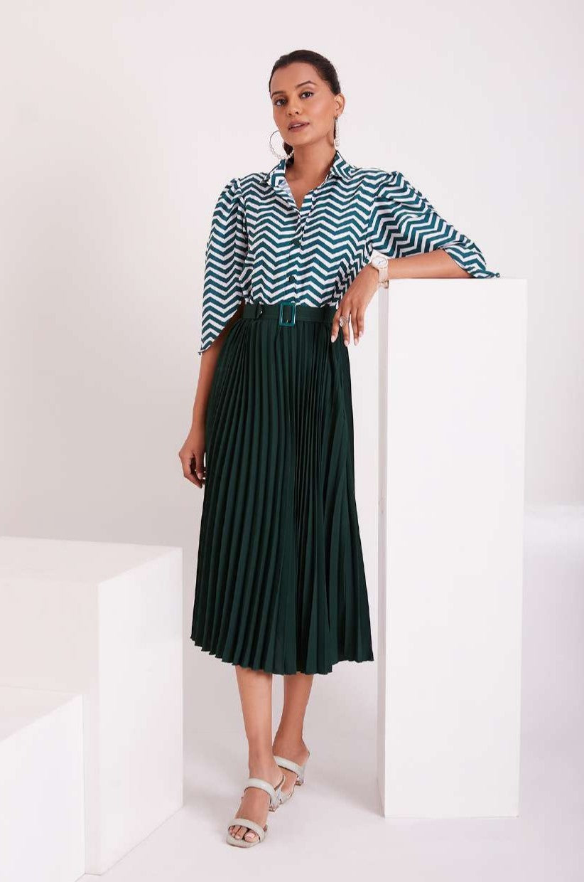 Green and White Pleated Western Wear Stylish Dress For Women