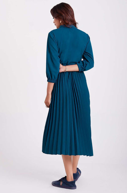 Teal Blue Colour Pleated Western Wear Drees For Women