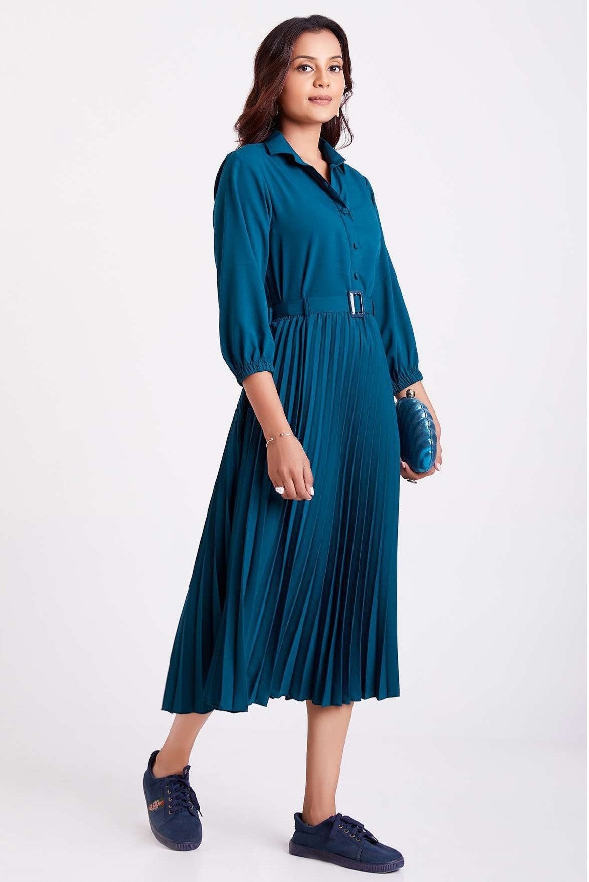 Teal Blue Colour Pleated Western Wear Drees For Women