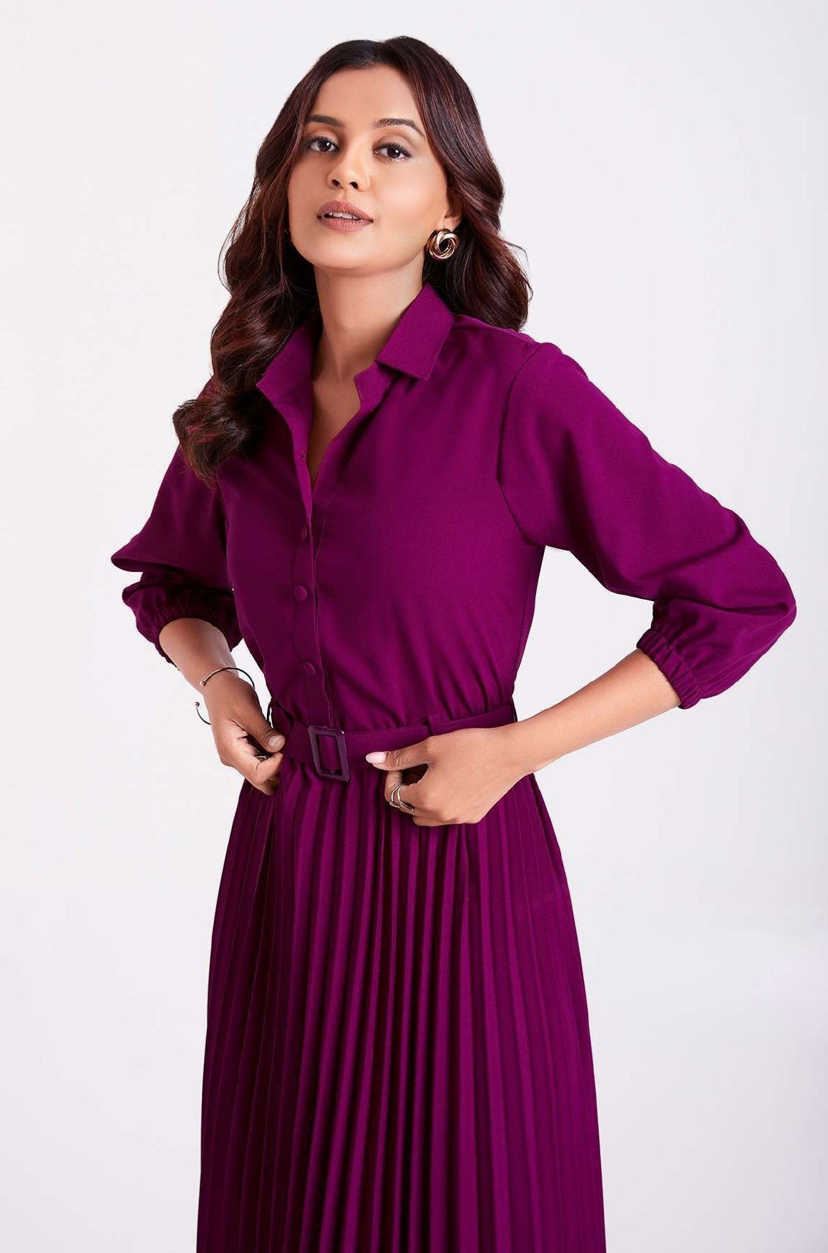 Purple Pan Collar Pleated Western Wear dress for women