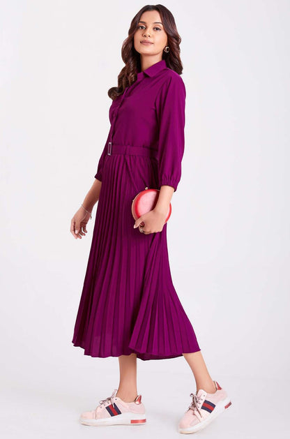 Purple Pan Collar Pleated Western Wear dress for women