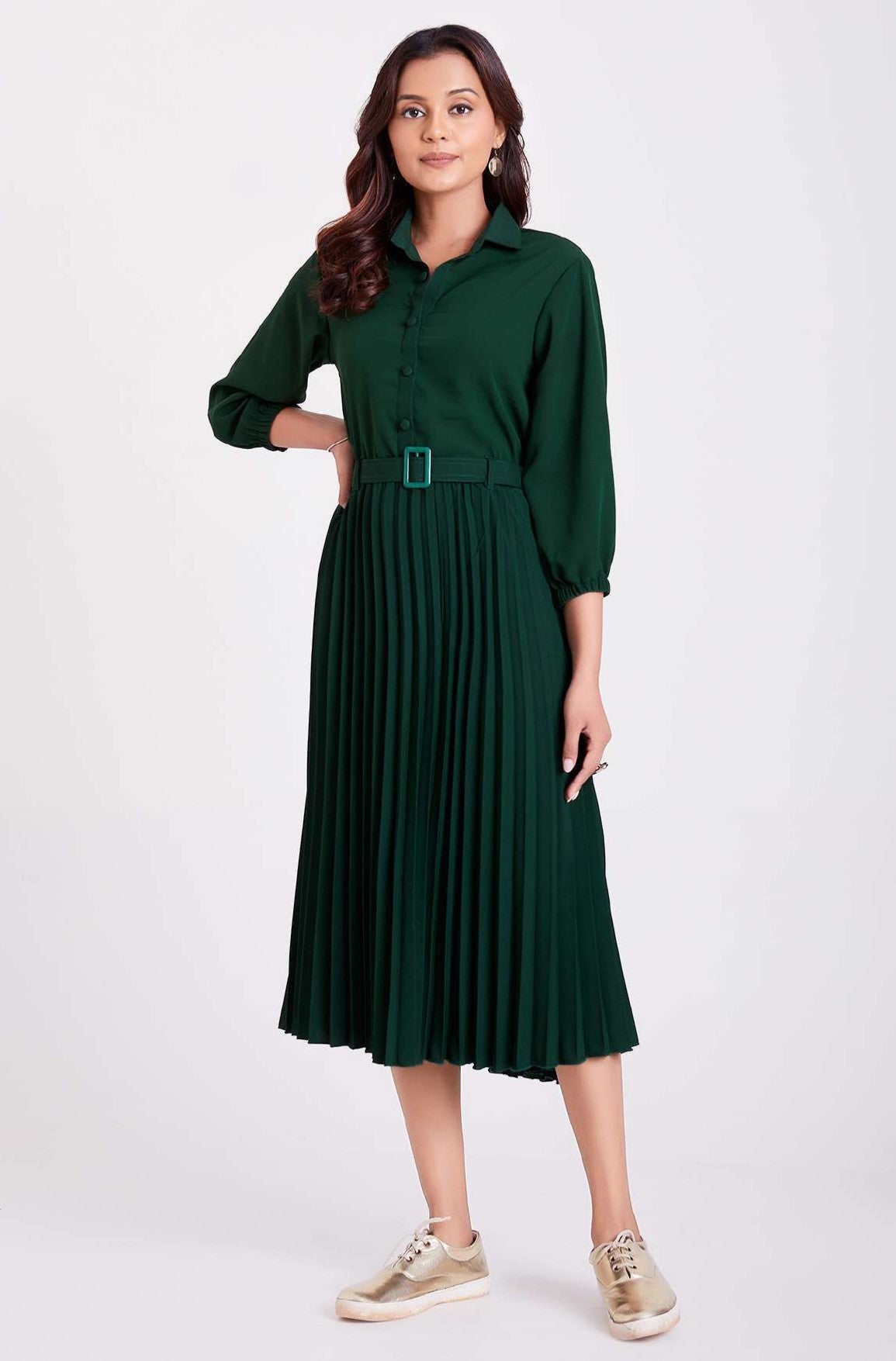 Green Pan Collar Pleated Western Wear dress for women