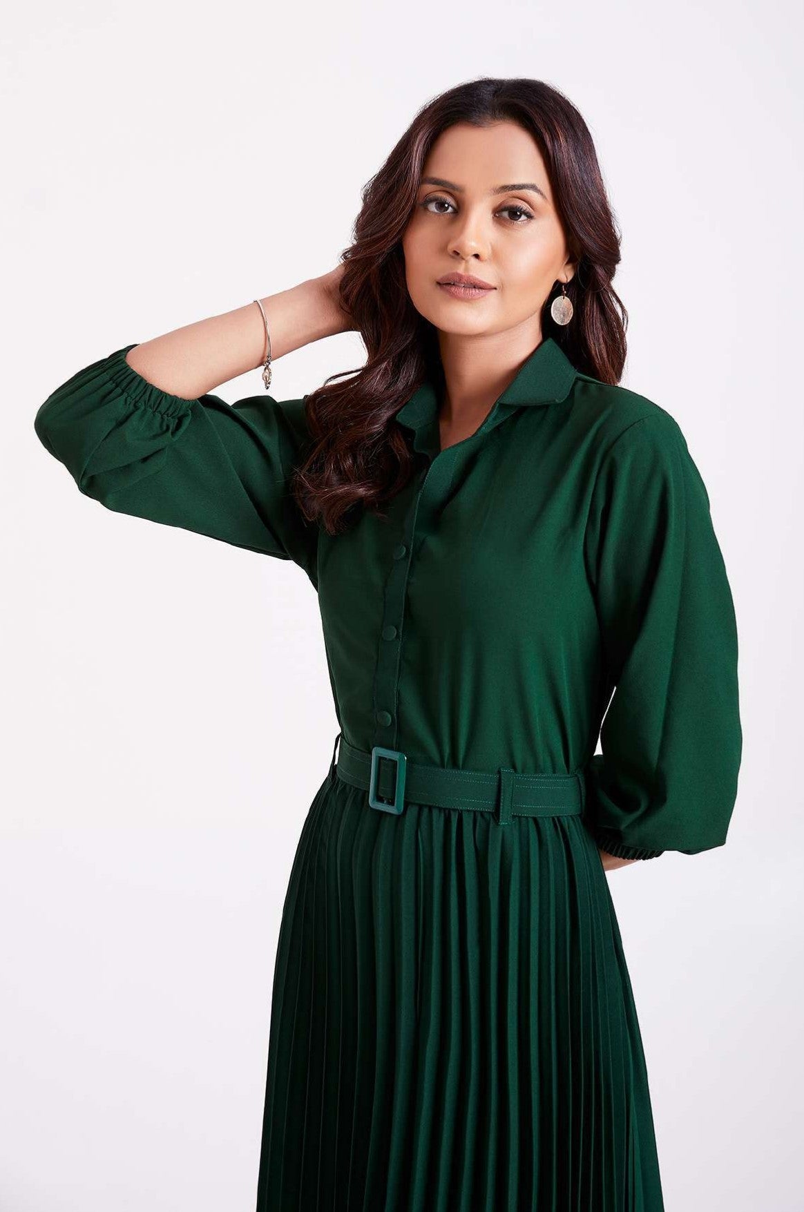 Green Pan Collar Pleated Western Wear dress for women